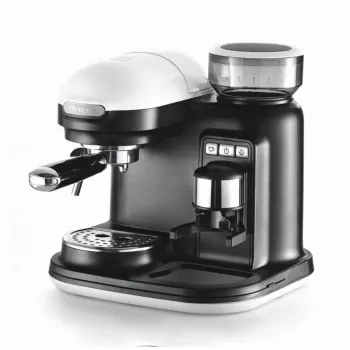 Ariete 1318 Moderna espressokeitin integroidulla kahvimyllyllä, kahvipavuille ja kahvijauheelle, maidonvaahdotussuutin cappuccinolle, 1 ja 2 kupin suodatin, 1080 W, 800 cc, valkoinen