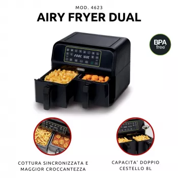 Ariete 4623 Airy Fryer Dual, kiertoilmakypsennin kaksoiskorilla, 1700 W, 8 l tilavuus, 3 kypsennystoimintoa, digitaalinen LED-kosketuspaneeli, 8 esiohjelmoitua ohjelmaa, ajastin, 2 koria, musta