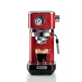 Ariete Moderna Line 1381 kahvinkeitin painemittarilla, sopii kahvijauheelle ja ESE-padeille, 1300 W, 1,1 l tilavuus, 15 baarin paine, suodatin puolikkaille kupeille, cappuccino-suutin, punainen