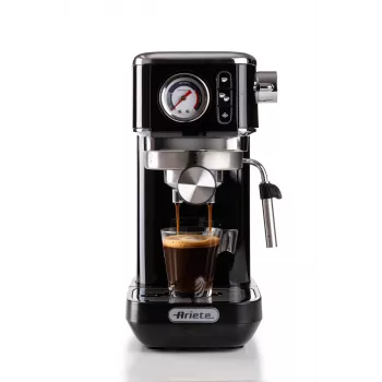 Ariete 1381 kahvinkeitin painemittarilla, sopii kahvijauheelle ja ESE-padeille, 1300 W, 1,1 l vesisäiliö, 15 baarin paine, suodatin ½ kupille, cappuccino-suutin, musta