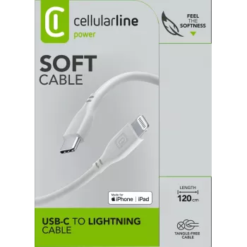 Cellularline Soft-kaapeli 120 cm – USB-C Lightningiin USB-C Lightningiin soft-touch-kaapeli