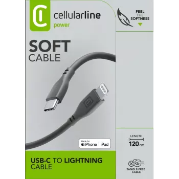 Cellularline Soft-kaapeli 120 cm – USB-C Lightningiin, soft-touch-kaapeli