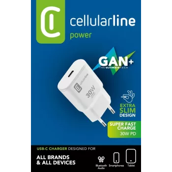 Cellularline GAN seinälaturi USB-C 30W PD USB-C 30W PD -seinälaturi GaN-teknologialla