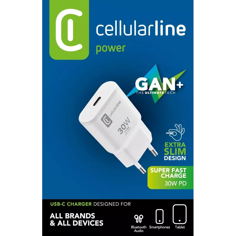 Cellularline GAN seinälaturi USB-C 30W PD USB-C 30W PD -seinälaturi GaN-teknologialla