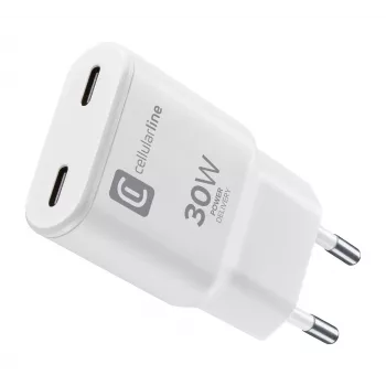 Cellularline GAN seinälaturi 2xUSB-C 30W PD 2xUSB-C 30W PD -seinälaturi GaN-teknologialla