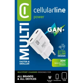 Cellularline GAN seinälaturi 2xUSB-C 30W PD 2xUSB-C 30W PD -seinälaturi GaN-teknologialla