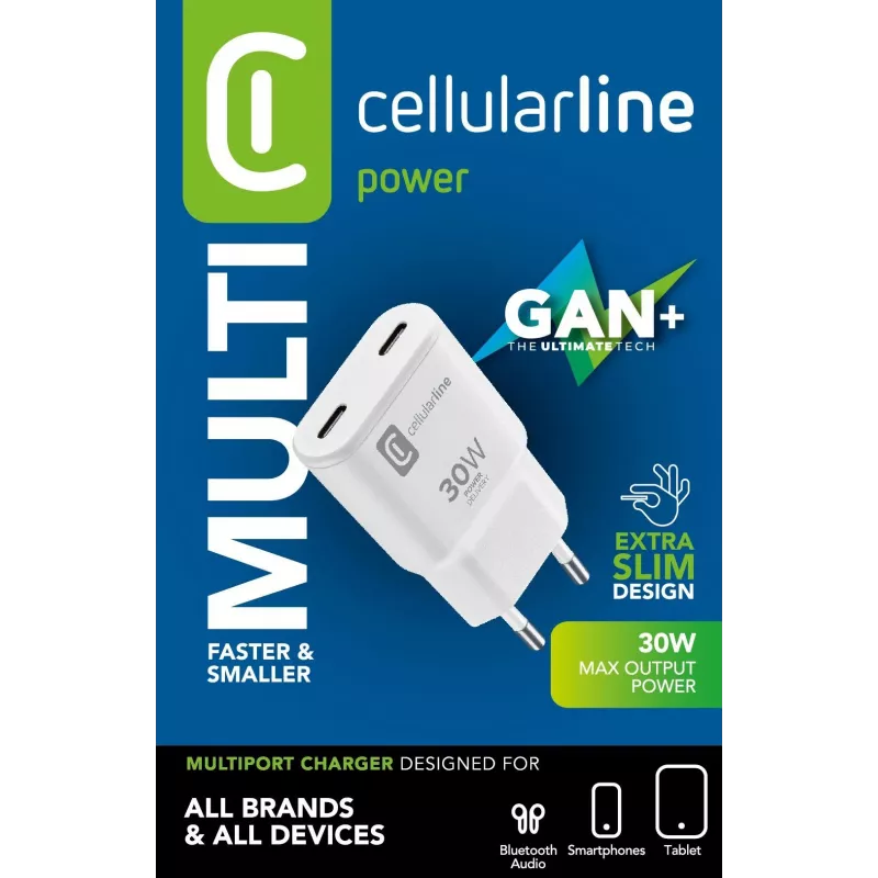 Cellularline GAN seinälaturi 2xUSB-C 30W PD 2xUSB-C 30W PD -seinälaturi GaN-teknologialla