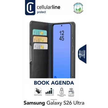 Cellularline Book Agenda - Galaxy S26 Ultra kirjakotelo tekonahkaviimeistelyllä, magneettisulkimella, RFID-suojauksella ja telineellä