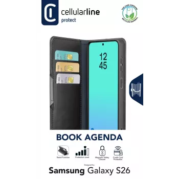 Cellularline Book Agenda - Galaxy S26 kirjakotelo tekonahkaviimeistelyllä, magneettisulkimella, RFID-suojauksella ja telineellä.