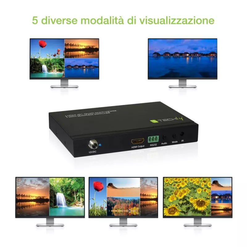 Techly HDMI 4x1 multiviewer saumattomalla kytkimellä, HDMI, metalli, musta, 60 Hz, 1080p, 2,25 Gbit/s