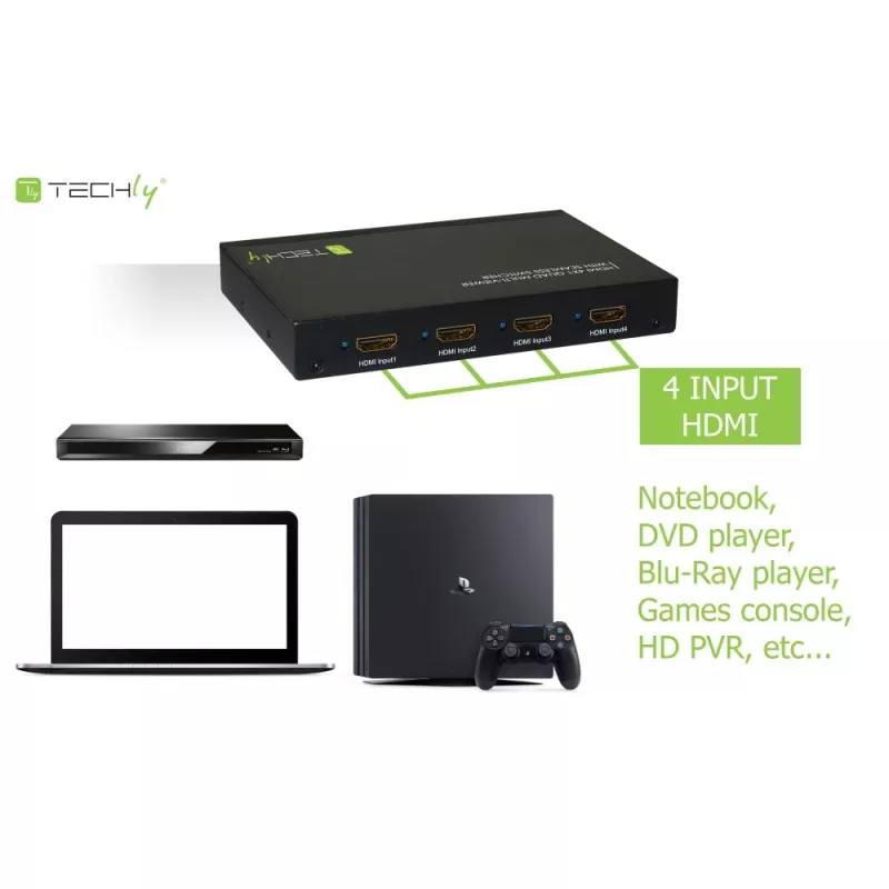 Techly HDMI 4x1 multiviewer saumattomalla kytkimellä, HDMI, metalli, musta, 60 Hz, 1080p, 2,25 Gbit/s