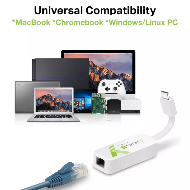 Techly USB 3.1 Type-C–RJ45 Gigabit Ethernet -sovitin, valkoinen
