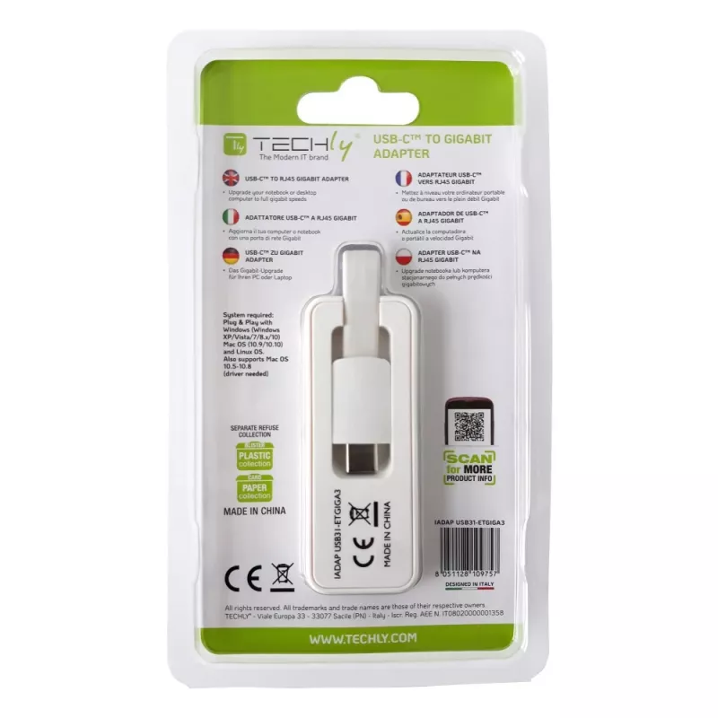 Techly USB 3.1 Type-C–RJ45 Gigabit Ethernet -sovitin, valkoinen