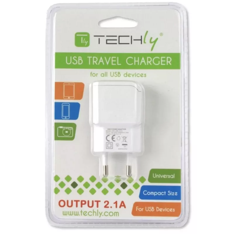 Techly italialainen pistokesovitin 1 USB-liitännällä 5V / 2,1A valkoinen IPW-USB-21EC