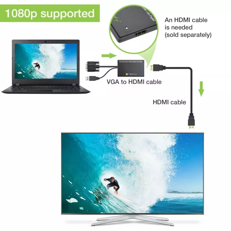 Techly kaapelimuunnin SVGA ja audio HDMI:ksi IDATA HDMI-VGA3