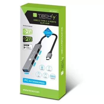Techly IUSB32-HUB4C-3U2SLS kannettavan telakointiasema/porttitoistin johdollinen USB 3.2 Gen 1 (3.1 Gen 1) Type-C harmaa