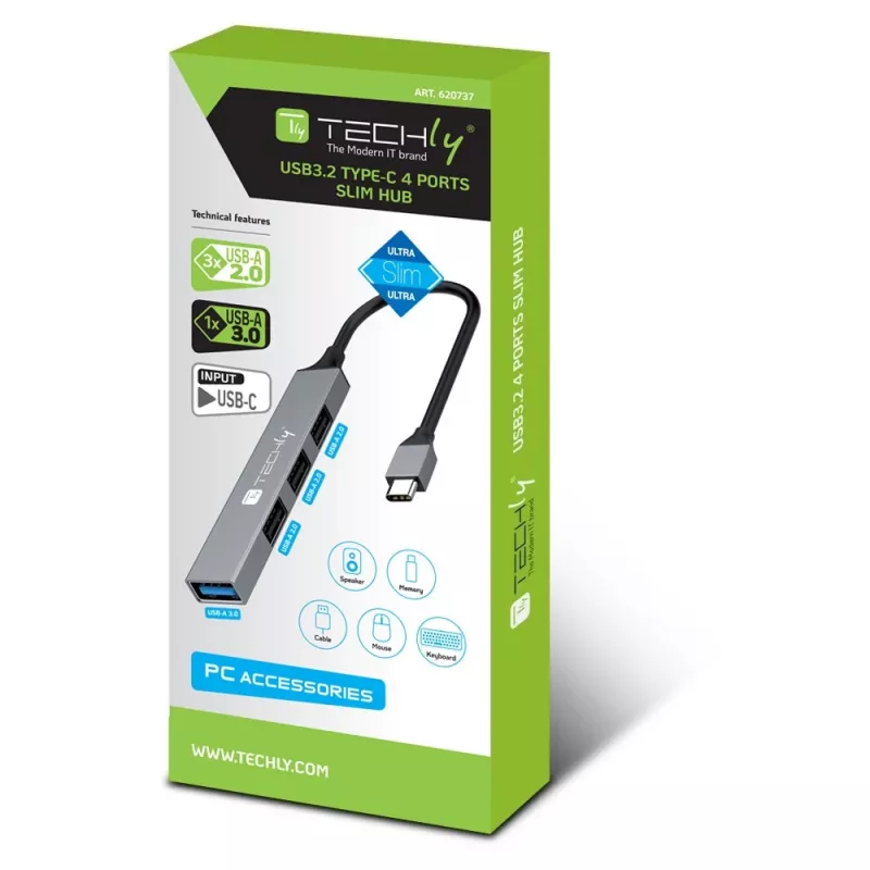 Techly IUSB32-HUB4C-3U2SLS kannettavan telakointiasema/porttitoistin johdollinen USB 3.2 Gen 1 (3.1 Gen 1) Type-C harmaa