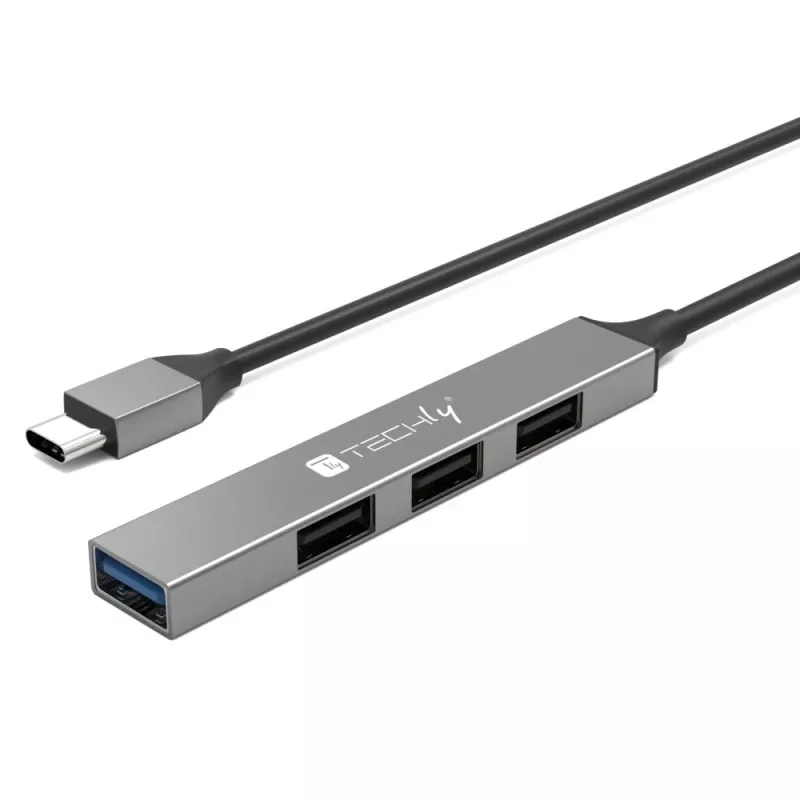 Techly IUSB32-HUB4C-3U2SLS kannettavan telakointiasema/porttitoistin johdollinen USB 3.2 Gen 1 (3.1 Gen 1) Type-C harmaa