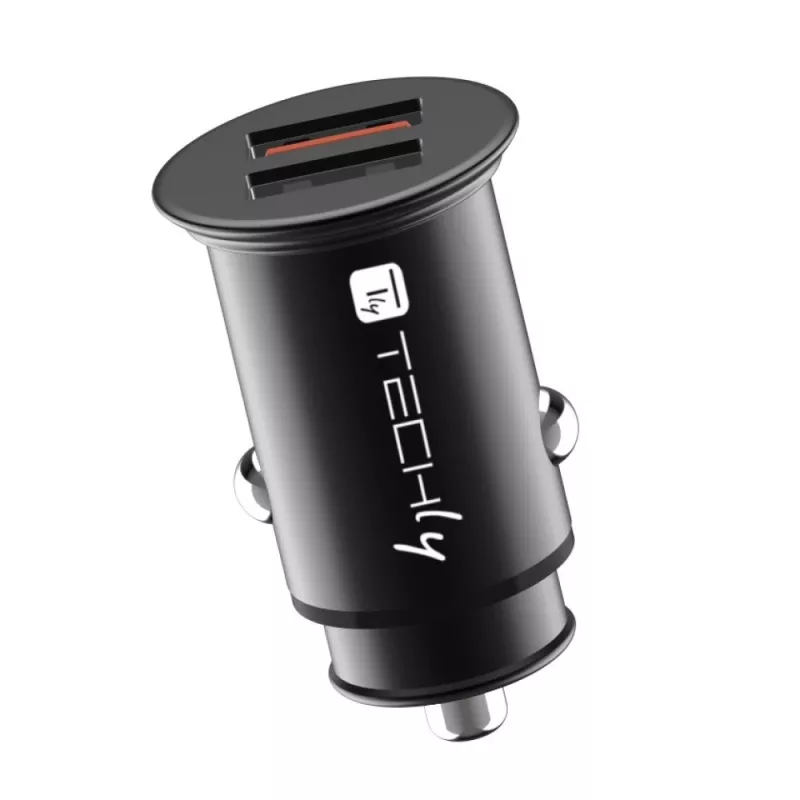 Techly Mini-autolaturi 2 porttia USB-A Quick Charge 3.0 36W musta metalli