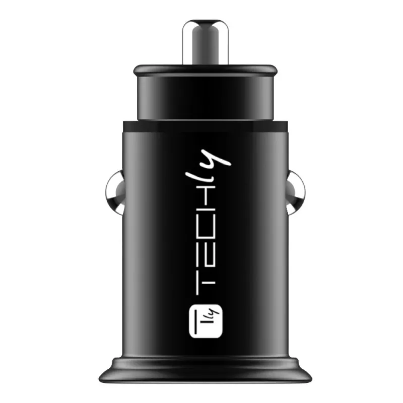 Techly Mini-autolaturi 2 porttia USB-A Quick Charge 3.0 36W musta metalli