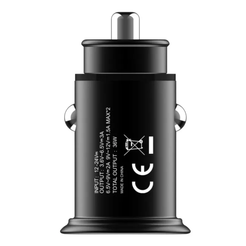 Techly Mini-autolaturi 2 porttia USB-A Quick Charge 3.0 36W musta metalli