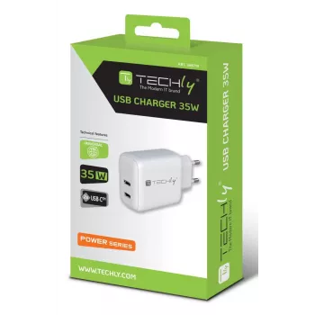 Techly IPW-USB-2C35W laturi mobiililaitteille kannettava, älypuhelin, tabletti valkoinen AC sisäkäyttöön pikalataus