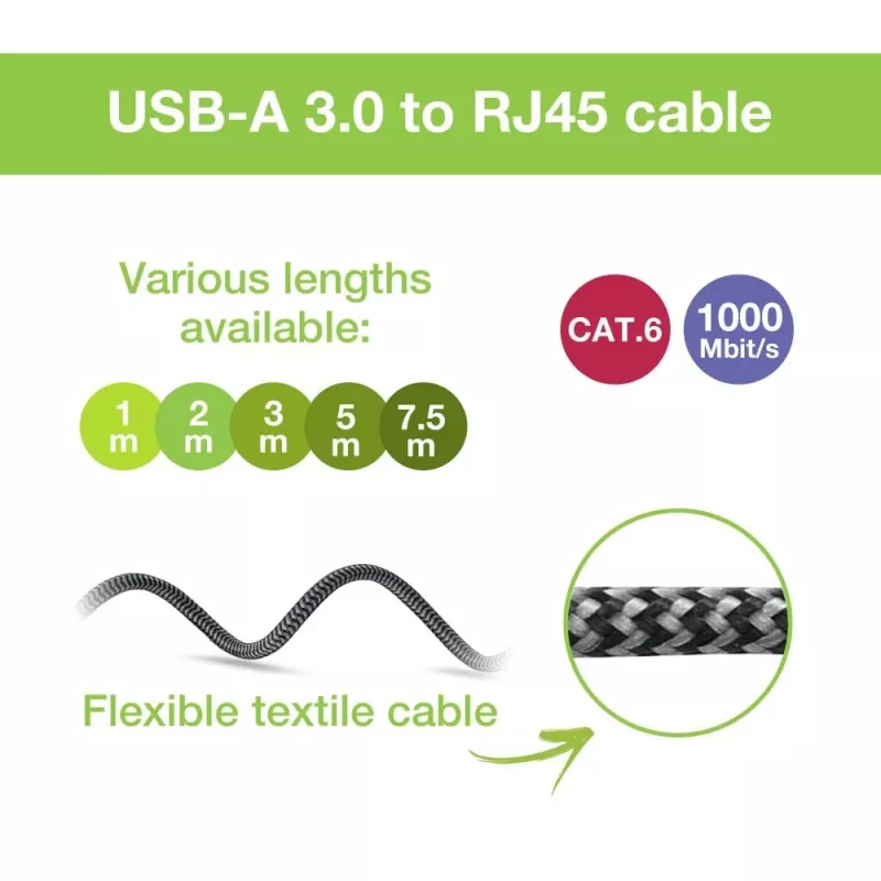 Techly ICOC-U3A-RJ45-050 USB 3.0 Type-A–Gigabit Ethernet -sovitinkaapeli, 5 m, musta/hopea