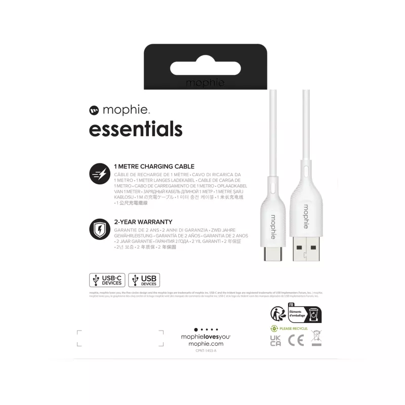 mophie essentials latauskaapeli | 1M USB-kaapeli USB 2.0 USB A USB C valkoinen