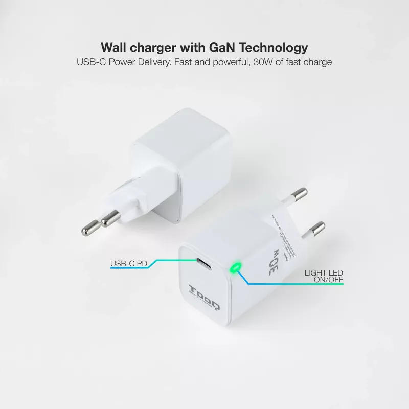 TooQ GAN USB-C/PD seinälaturi 30W, valkoinen, sisäkäyttö, AC, valkoinen