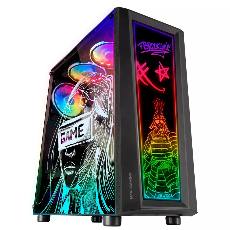 Mars Gaming MC-ART musta ATX-pelikotelo kaksipuolinen Tempered Glass ARGB 12 tilaa 12cm tuuletin