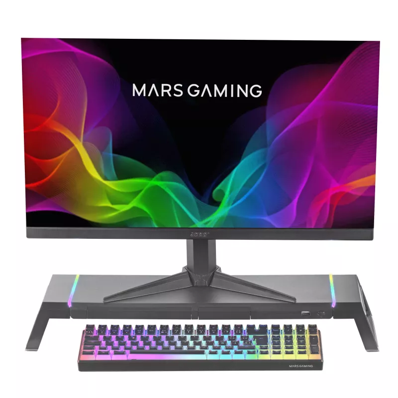 Mars Gaming MGS-ONE musta Chroma RGB -näyttöteline säädettävä koko älypuhelin- ja tablettiteline etu-USB 2.0
