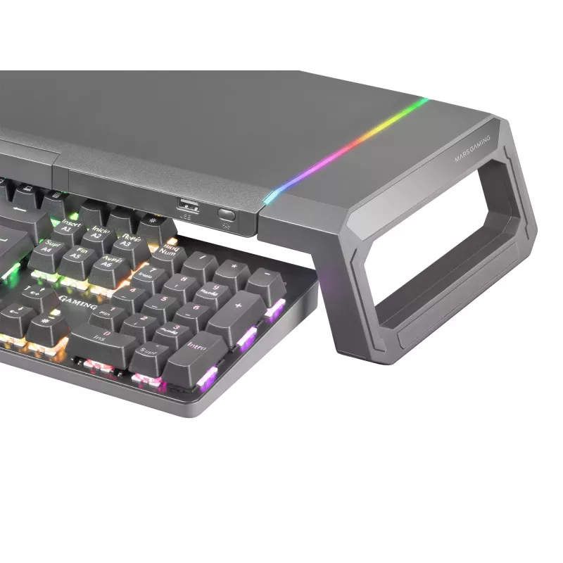 Mars Gaming MGS-ONE musta Chroma RGB -näyttöteline säädettävä koko älypuhelin- ja tablettiteline etu-USB 2.0
