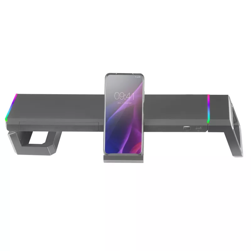 Mars Gaming MGS-ONE musta Chroma RGB -näyttöteline säädettävä koko älypuhelin- ja tablettiteline etu-USB 2.0