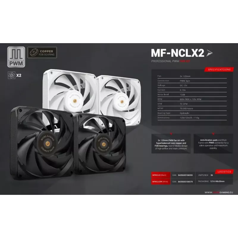 Mars Gaming MF-NCLX2W tietokonekotelon tuuletin 12 cm valkoinen 2 kpl