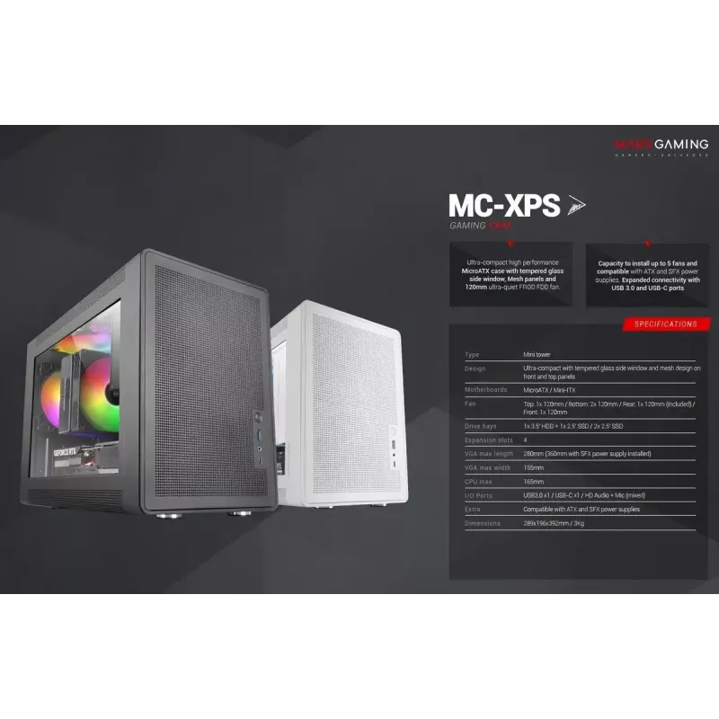 Tietokonekotelo Mars Gaming MCXPSW mATX valkoinen