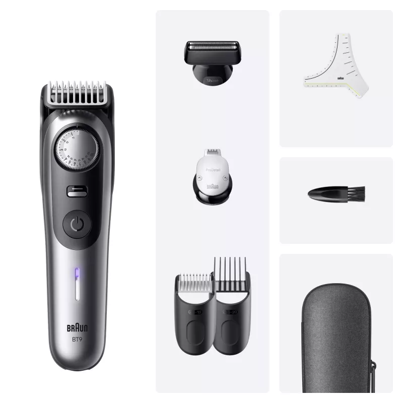 Partatrimmeri BRAUN BeardTrimmer 9 80789785, 20 pituusasetusta, 0,5–20 mm, verkko-/akkukäyttö, märkä & kuiva, harmaa
