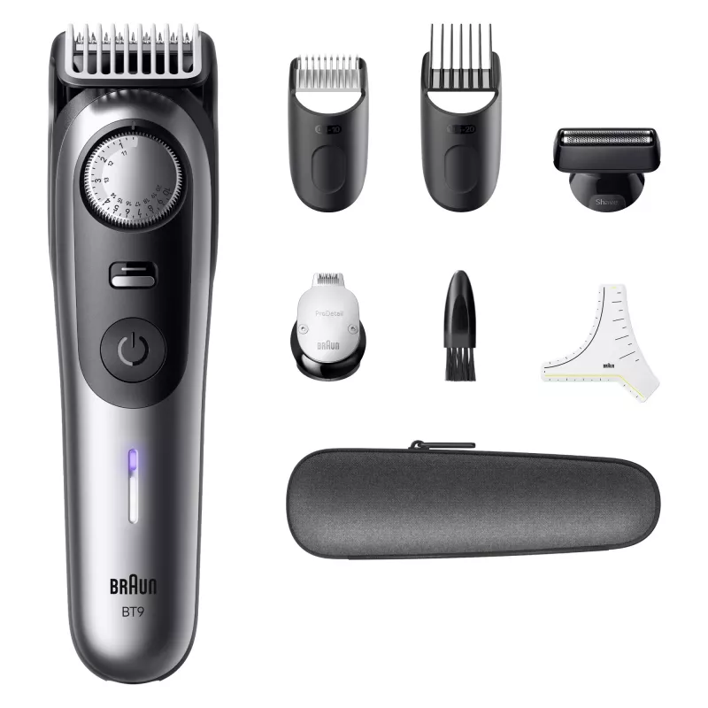 Partatrimmeri BRAUN BeardTrimmer 9 80789785, 20 pituusasetusta, 0,5–20 mm, verkko-/akkukäyttö, märkä & kuiva, harmaa