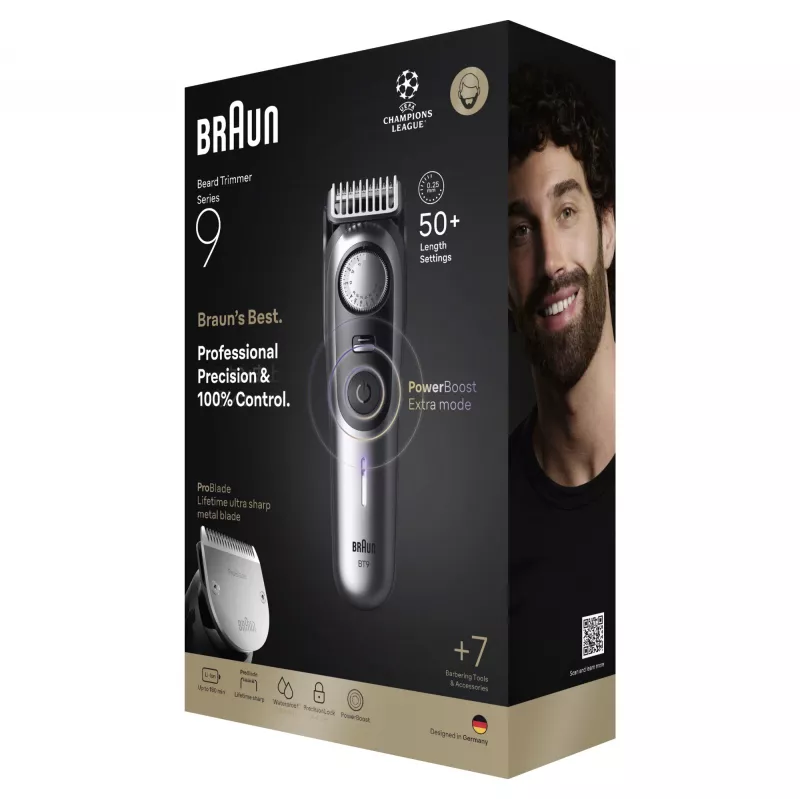 Partatrimmeri BRAUN BeardTrimmer 9 80789785, 20 pituusasetusta, 0,5–20 mm, verkko-/akkukäyttö, märkä & kuiva, harmaa