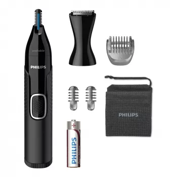 Nenäkarvojen trimmeri Philips 5000 NT5650/16 – paristokäyttöinen, AA, vesitiivis, ruostumattomat terät, 3 kiinnitettävää kampaa, matkakotelo