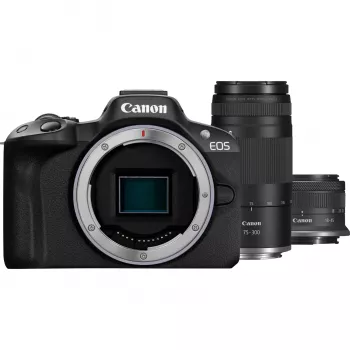 Canon EOS R50 mallistojärjestelmäkamera-sarja RF-S 18-45mm- ja RF 75-300mm-objektiiveilla