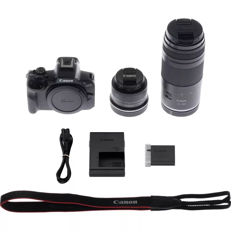 Canon EOS R50 mallistojärjestelmäkamera-sarja RF-S 18-45mm- ja RF 75-300mm-objektiiveilla