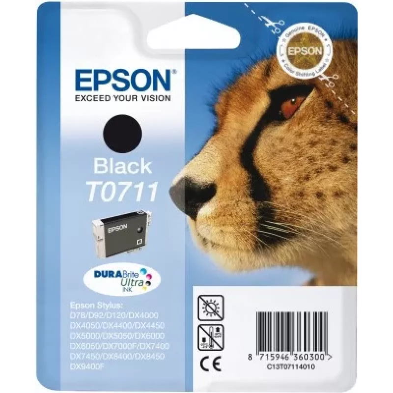 Epson Cheetah yksittäispakkaus musta T0711 DURABrite Ultra muste, musta, pigmenttimuste, 1 kpl