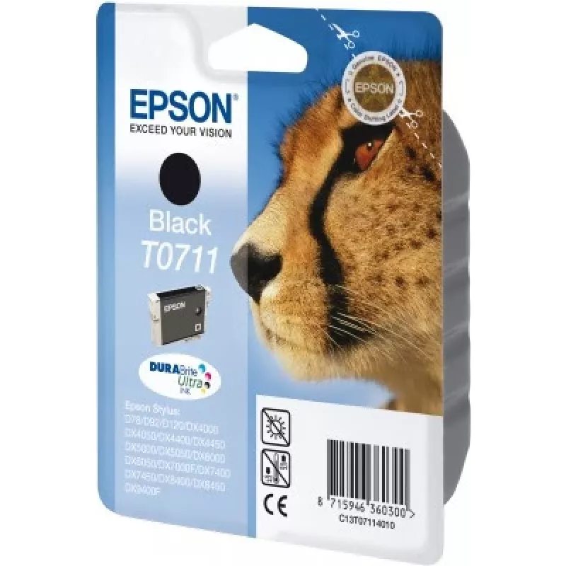 Epson Cheetah yksittäispakkaus musta T0711 DURABrite Ultra muste, musta, pigmenttimuste, 1 kpl