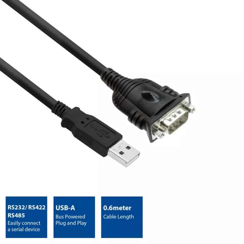 ACT 0,6 m USB-sarja-adapteri, musta, 0,6 m, USB Type-A, DB-9, uros, uros