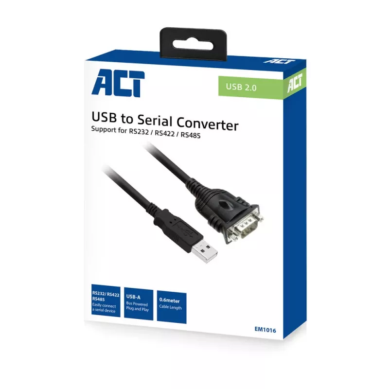 ACT 0,6 m USB-sarja-adapteri, musta, 0,6 m, USB Type-A, DB-9, uros, uros
