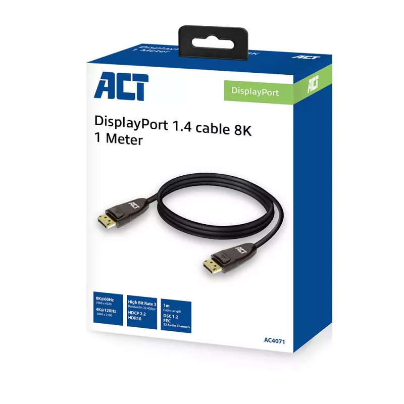 ACT DisplayPort 1.4 -kaapeli 8K, 1 m, 1 m, DisplayPort, DisplayPort, uros, uros, musta