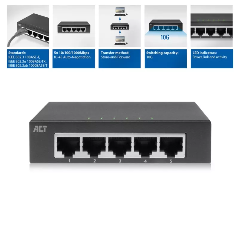 Hallitsematon kytkin ACT AC4415 Gigabit Ethernet 5 porttia 10 Gbit/s