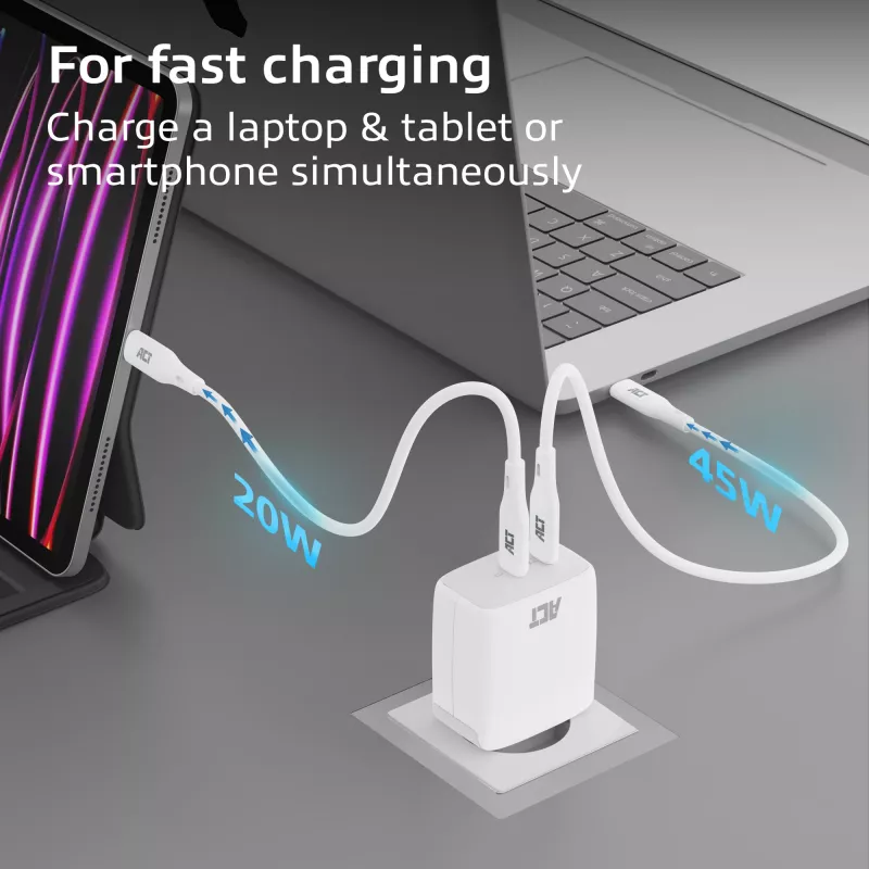ACT USB-C-laturi 65W 2-porttinen Power Delivery PPS ja GaNFast