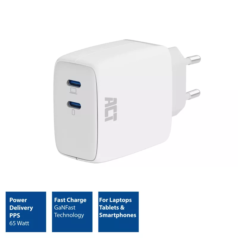 ACT USB-C-laturi 65W 2-porttinen Power Delivery PPS ja GaNFast