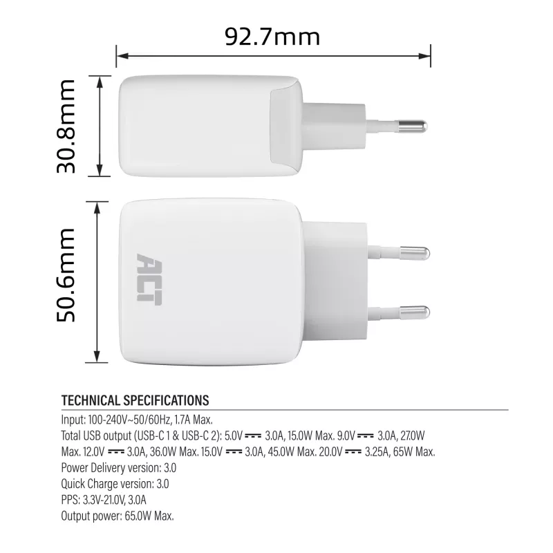 ACT USB-C-laturi 65W 2-porttinen Power Delivery PPS ja GaNFast